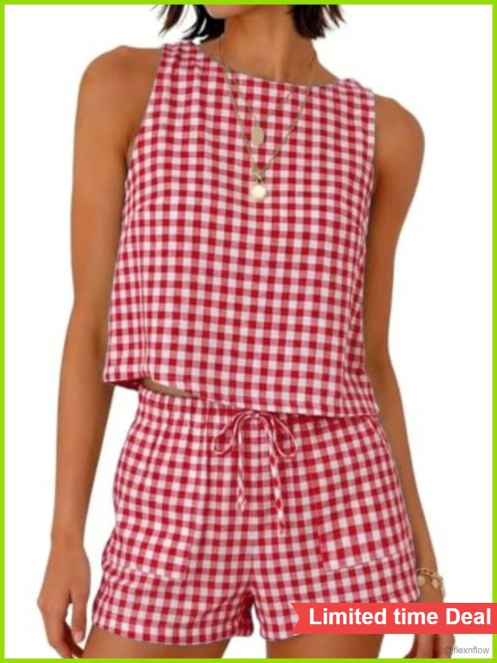 Gingham Two Piece Shorts Set Sleeveless Cropped Tank Top Cotton Beach Vacation